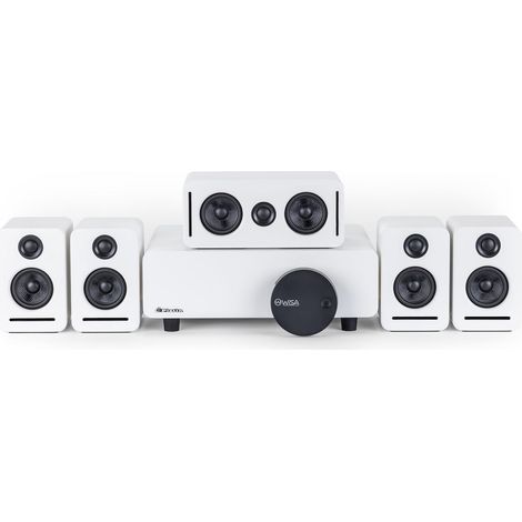 Système de cinéma sans fil 5.1 Dolby Atmos (blanc) – Ensemble Surround Monaco, WISA à faible latence pour une mise à niveau gratuite du son TV, idéal (1/5)