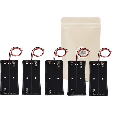 Caja portapilas 5X para 2 baterías 18650 con cables negro y rojo y conector.