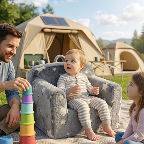 Canapé enfant, canapé enfant avec poignée de transport et poches latérales, fauteuil enfant en mousse, fauteuil pour tout-petit, canapé enfant léger, gris