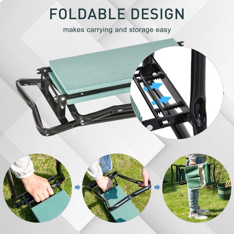 Tabouret de jardin pliable pour s'agenouiller et s'asseoir, avec coussin de genoux, poches à outils, rembourrage, support jusqu'à 150 kg, 58 x 28 x 49 cm, vert (1/5)