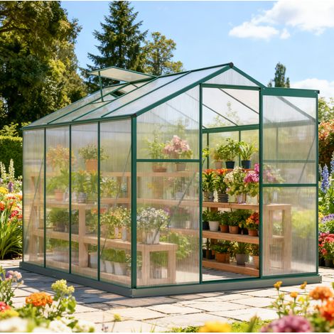 Gewächshaus 253x190x200 cm grün aus Aluminium und Polycarbonat mit Fundament, Schiebetür und Dachfenster (1/5)