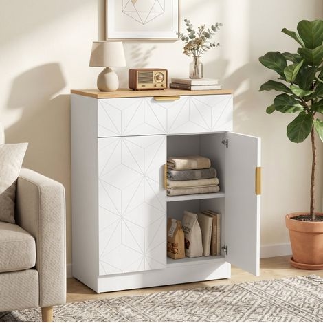 Credenza con cassetto e ripiano regolabile 60 x 32 x 82 cm, bianco e legno naturale HAVRYA (1/4)
