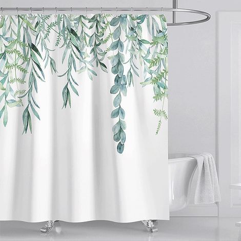 Waterproof Shower Curtain Anti-Mold Polyester Bathroom Curtain Green Leaf Plant Printing Washable with 12 C-Hooks for Home Bathtub Shower Cabin(180CM x 200CM)