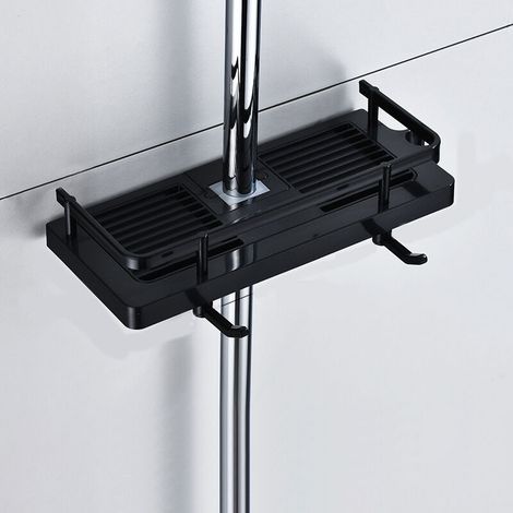Shower shelf without drilling, bathroom storage rack for shampoo soap and 2 hooks, suitable for 22-24 mm shower rods