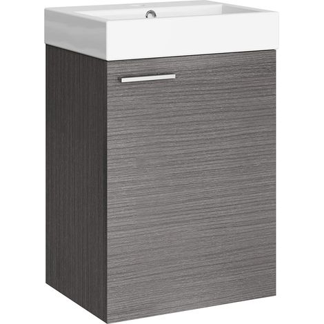 Ensemble de Meuble de Salle de Bain 45 cm avec lavabo en mélamine 16 mm Meuble monté Lavabo encastré sans Miroir 1 Porte poignée Horizontale Cendre (1/5)
