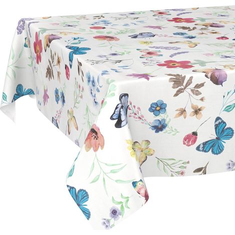 Nappe en Toile cirée Lavable, Facile d'entretien, imperméable, Effet Lotus, pour Table de Jardin, Motif Papillons, 240 x 140 cm, Bord coupé (1/5)