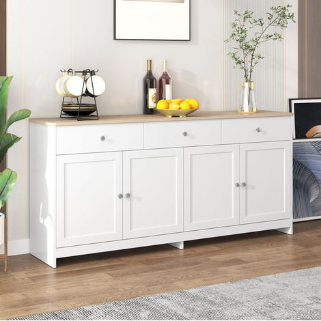 Buffet 160 x 37 x 75 cm à 4 portes et 3 tiroirs blanc et bois HAVRYA (1/5)