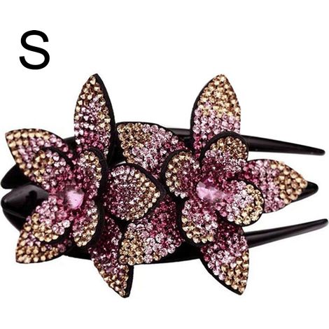 Pince à cheveux strass bec de canard, double fleur scintillante barrette coiffure femme fille, champagne et violet (1/5)