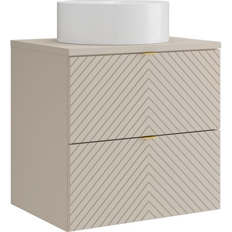 Meuble de salle de bain suspendu en chevrons avec vasque à poser ronde - Beige - 60 cm - DORIONI (1/4)