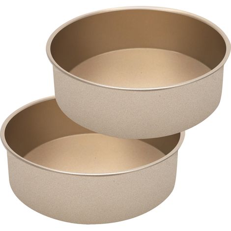 Lot de 2 moules à gâteau, ronds, en acier inoxydable, avec revêtement antiadhésif, 20 cm, pour gâteaux, brownies, gâteaux, lasagnes, dorés (1/5)