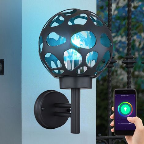 Smart Wandleuchte Kugel Außenleuchte Kugel 20 cm Außenwandleuchte  App Steuerung rund, Loch Design Aluminium anthrazit, RGB LED 8,5W 806Lm, H 32,7 cm