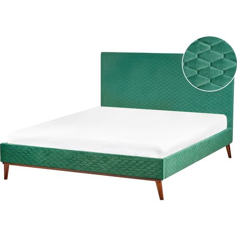 EU King Size Bed Green Fabric 5ft3 Upholstered Frame Honeycomb Quilted BAYONNE