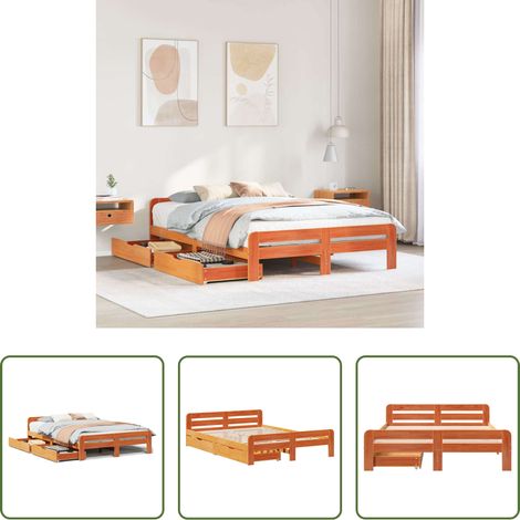 vidaXL Tiroirs sous lit - Cadre de lit sans matelas cire marron 150x200cm bois pin massif (1/5)