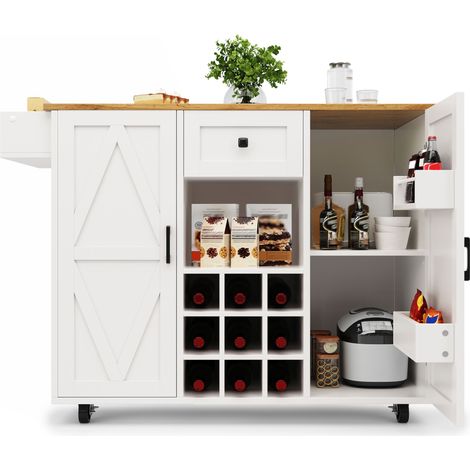 Îlot de cuisine moderne, meuble de cuisine, buffet en bois veiné, table à manger multifonctionnelle avec espace de rangement, desserte avec étagères à snacks et armoires extensibles