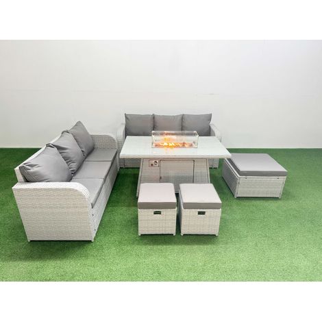 Fimous Outdoor Garden Furniture Sets 9 Seater Wicker Rattan Furniture Sofa Sets with Firepit Dining Table high Back Lounge Sofa 3 Stools Light Grey (1/4)