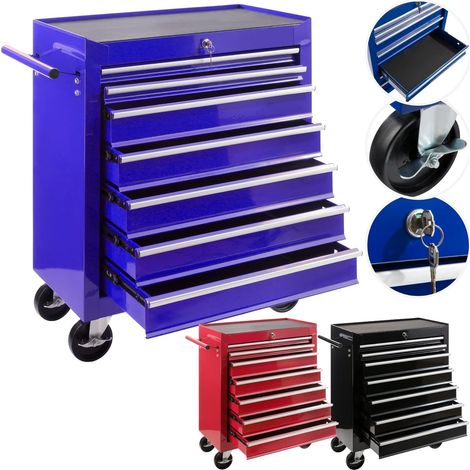 Arebos – Chariot d'atelier mobile 7 tiroirs – Acier robuste – Verrouillage central – Roulettes avec frein – Dimensions 70x33x78 cm – Bleu (1/10)