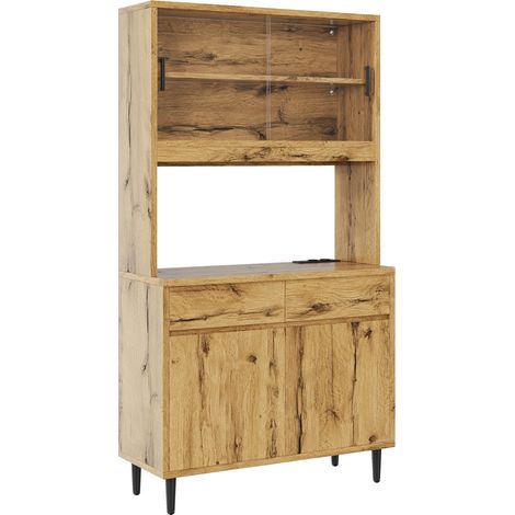 Buffet haut 100x40x185 cm avec prises intégrées et éclairage LED, finition chêne (1/5)