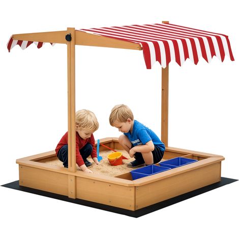 Bac à sable en bois pour enfants avec auvent réglable, sièges et bacs, 107,5 x 107,5 x 100 cm (1/5)