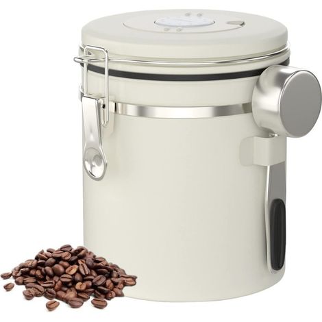 Bocal hermétique pour grains de café - Acier inoxydable 304 avec valve d'évacuation, bocal de conservation hermétique, bocal pour fruits secs, boîte à café, avec cuillère en acier, 1,5 L, beige (1/5)