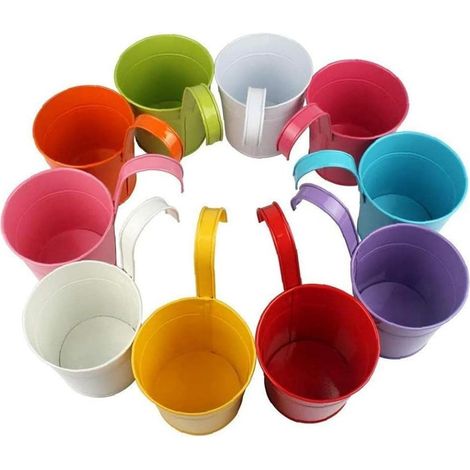 Pots et vases suspendus en métal avec crochet amovible pour balcon, jardin et terrasse (lot de 10, couleurs variées). (1/5)