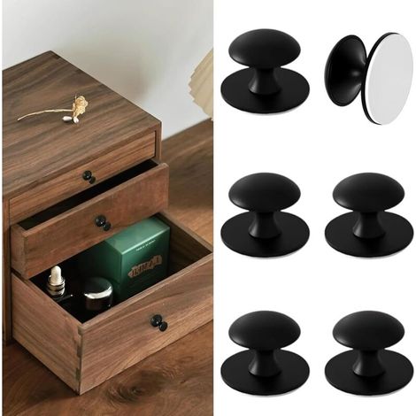 Unité de mesure : Boutons de meuble sans perçage, boutons de tiroir noirs autocollants, poignées de commode résistantes, conviennent aux tiroirs, coiffeuses et portes vitrées (noires) (1/4)