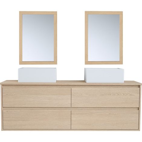 Meuble de salle de bain avec double vasque à poser en céramique et miroir - Placage chêne - 150 cm - MILIPAM (1/4)