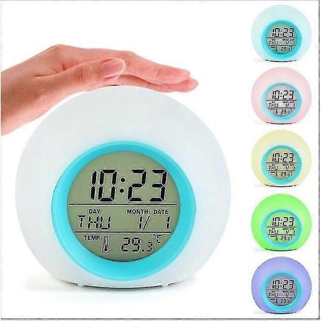 Réveil numérique pour enfants avec veilleuse 7 couleurs, fonction snooze, détection de température et interrupteur marche/arrêt bleu (1/3)