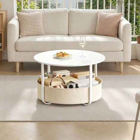 Table basse ronde avec panier de rangement en toile métal et bois blanc beige Ø 80 x 50 cm - PANGIVO (1/5)