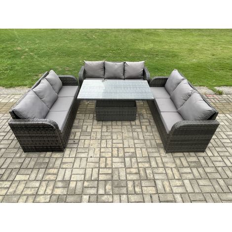 Fimous Patio Garden Dining Set Outdoor Rattan Furniture Lounge Sofa Height Adjustable Rising lifting Table Dark Grey Mixed (1/5)