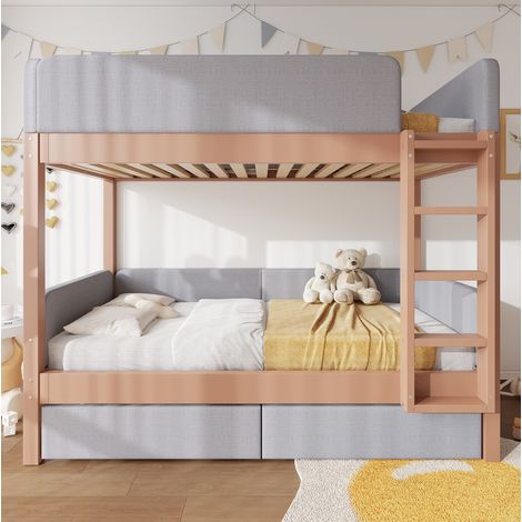 Lit superposé enfant 90 x 200 cm gris et bois avec 2 tiroirs et escalier sécurisé (1/5)