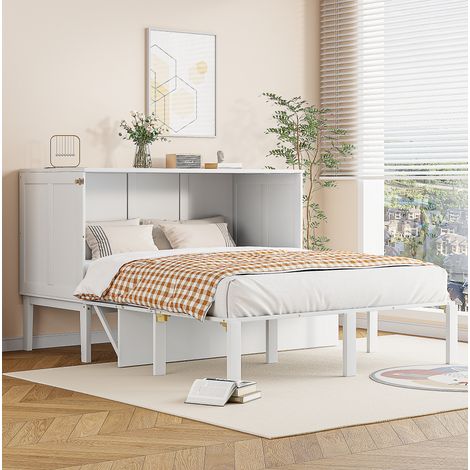 Cama abatible vertical de madera blanca 140x200 cm, ahorra espacio con almacenamiento inferior