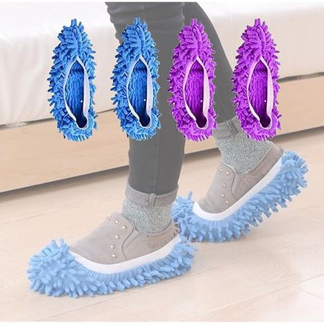 Lot de 2 chaussons-serpillères en microfibre pour le nettoyage des sols - Confortables et lavables en machine - Violet + Bleu (1/4)