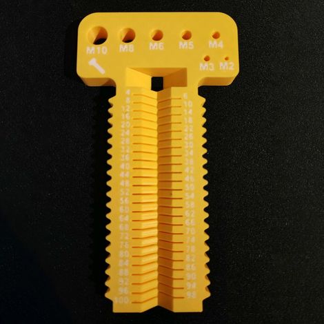 Schraubenmesswerkzeug M2-M10+L4-100mm. Dieses Werkzeug misst metrische Schrauben von M2 bis M10 mit einer Länge von 4 bis 100 mm. – Gelb.