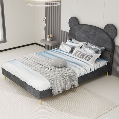 Letto per Bambini 140x200 cm, Imbottito e Basso, con Testiera Morbida a Forma Cartone Animato, Metallo, Grigio (Senza Materasso)