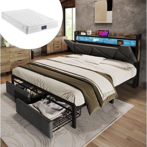 MEUBLIV Bett 140x200 cm grau – Kopfteil mit Stauraum, LED und USB, mit Matratze (1/5)