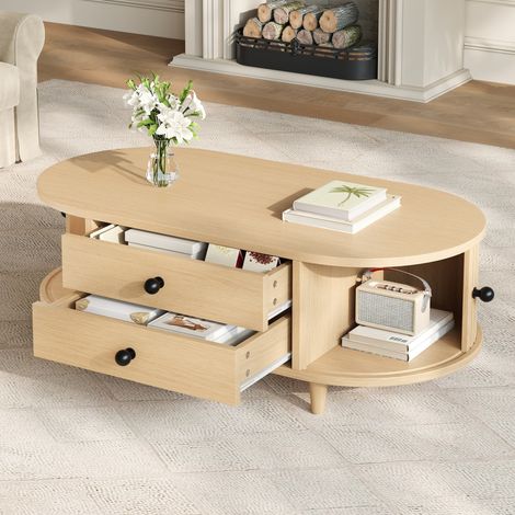 Table basse ronde avec portes enroulables, table basse en bois clair avec 2 tiroirs, table d'appoint, table de salon en MDF, console avec pieds en bois massif, 100 × 50 × 36 cm, charge maximale 50 kg (1/4)