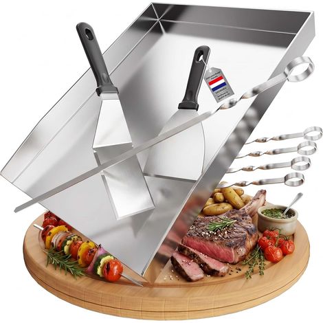 Plaque de cuisson en acier inoxydable - Épaisse et anti-rouille, inclut 2 spatules et 5 brochettes - Pour la plupart des grils à gaz et au charbon de bois (40x30x4CM) (1/5)