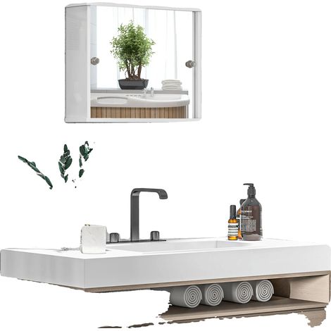 Cabinet Miroir, Étagère Réglable, Porte Coulissante, BLANC (1/5)