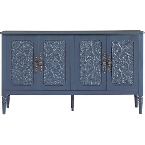 Buffet vintage à portes sculptées, grand meuble de rangement, coins arrondis et pieds tournés pour salle à manger, salon ou entrée, bleu marine - CHICFURN (1/5)
