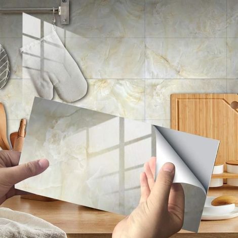 Rectangle Adhésive Décorative à Carreaux pour Salle de Bains et Cuisine Stickers Carrelage , 30x15cm (Beige , 16 Pièces) (1/4)