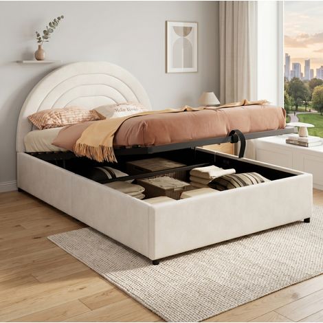 Cama con almacenamiento 140x200 cm con cabecero acolchado, en terciopelo beige, sin colchón (1/5)