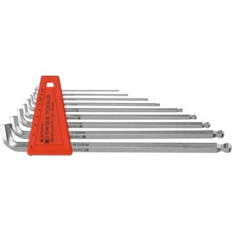 PB Swiss Tools Sechskant-Winkelschraubendreher-Satz, lang, mit Kugelkopf und kurzem Schenkel, verchromt, 9-teilig (1/2)