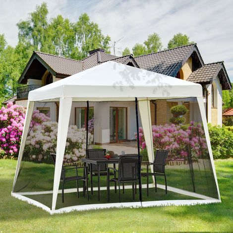 Tonnelle de fête 3x3 m blanche crème, résistante aux intempéries, avec moustiquaire intégrée, structure en métal et toit en polyester, idéale pour jardin
