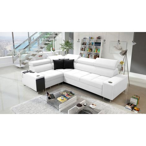 Elegantes Ecksofa mit Konsole und Ladegerät MORENA II Kunstleder Weiß Links (1/5)