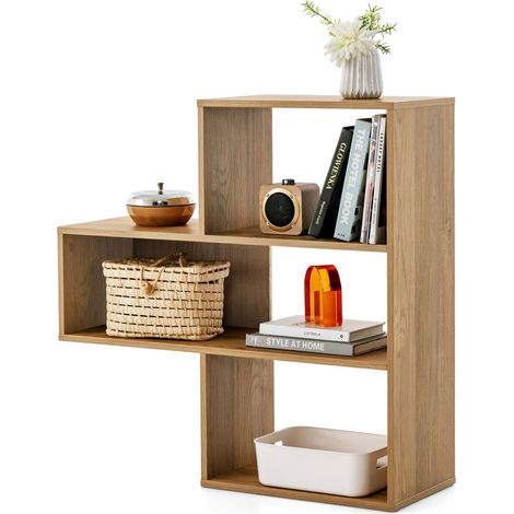 COSTWAY 3-tier Bookshelf Irregular Convex Open Back Bookcase w/3 Cubes-Natural (1/5)