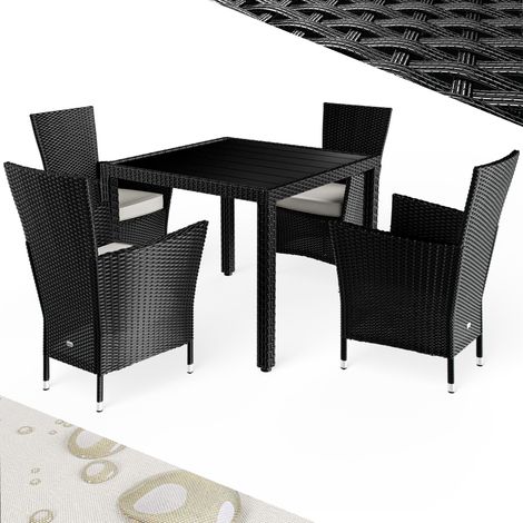 CASARIA® Gartenmöbel Polyrattan 4 Stühle Stapelbar 90x90cm Tisch WPC Holz Wetterfest Outdoor Terrasse Balkon Sitzgruppe Essgruppe Garnitur Set Schwarz