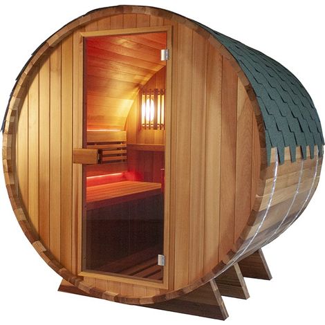 Sauna extérieur tonneau en cèdre rouge 180x180x170 cm – Façade vitrée – Toit en shingle – Poêle recommandé 8 kW – Boreal (1/5)