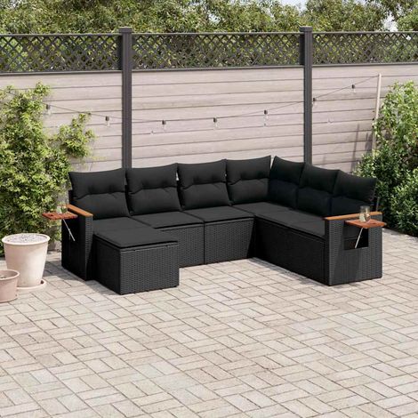 Salon de jardin modulable 7 pièces noir en résine tressée avec coussins, rangement intégré, table d’appoint et repose-pieds (1/3)