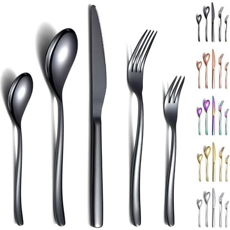30-teiliges schwarzes Besteckset, Gabeln und Löffel aus robustem Edelstahl mit schwarzer Titanbeschichtung. Rostfreies Besteckset, spülmaschinenfest. (1/5)
