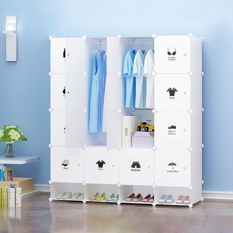 Armoires Etagères Plastiques avec Tige a Vêtements - Penderie Plastiques, Meuble Rangement 16 Cubes Modulables + 4 Cubes Chaussures  - Blanc
